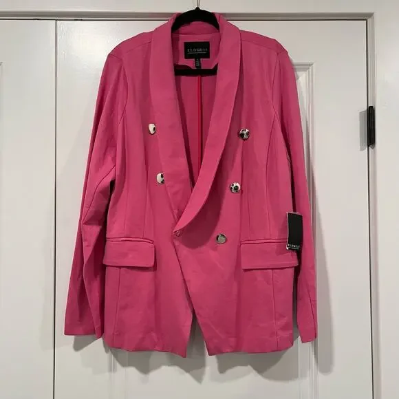 NWT Eloqui Women's Fabric Plus Size Blazer in Bright Pink Gold Buttons Size 22 - Picture 2 of 13